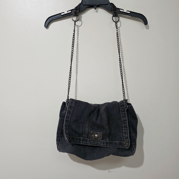 Black Denim Acid Wash Foldover Shoulder Bag - Picture 2 of 11
